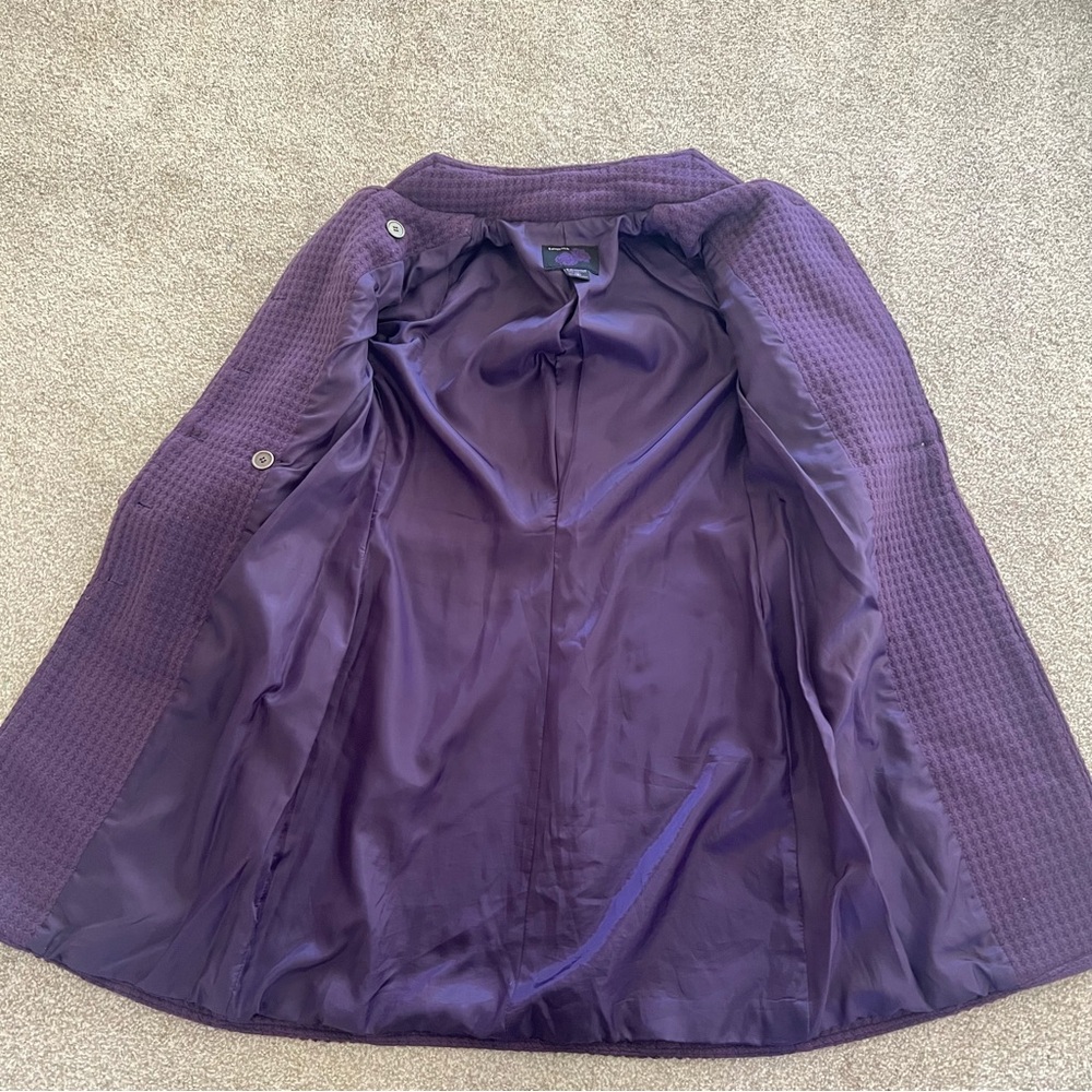 Purple Double Breasted Long Coat w Textured Waffle Knit Pattern Ornate Buttons - Picture 6 of 11